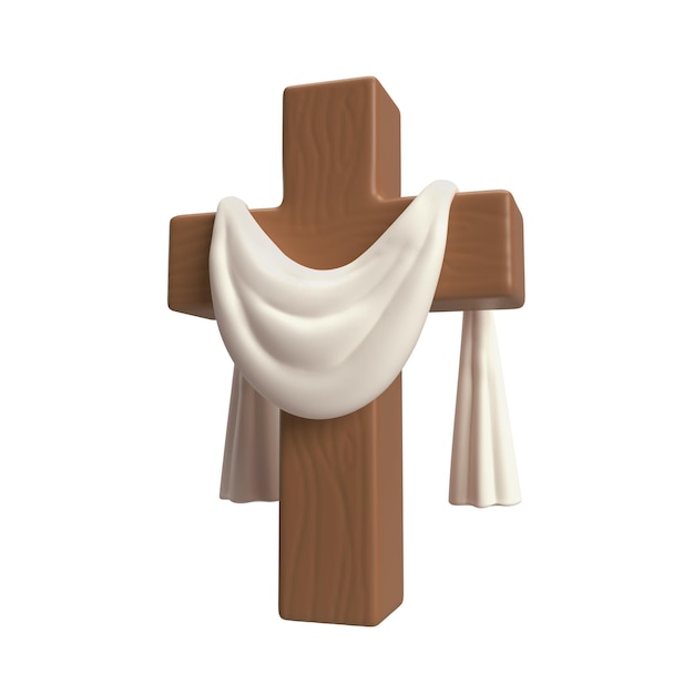 Icono 3D Cruz de madera cristiana con símbolo de tela blanca de la resurrección de Jesucristo Pascua