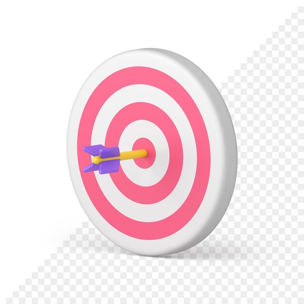 Icono 3d de destino de flecha Disco circular con rayas rosas y dardo morado en el centro