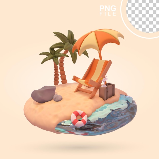 Icono 3d de escape costero tranquilo con accesorios de relajación perfectos para la serenidad de la playa