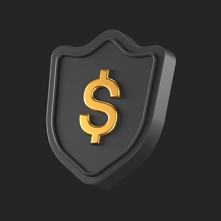 PSD ícono 3d de un escudo negro con un signo de dólar dorado en el centro