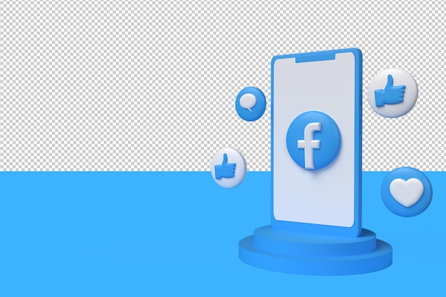 Icono 3D Facebook, me gusta, chat de burbujas y amor con el teléfono. Render 3D