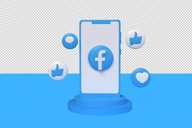 Icono 3D Facebook, me gusta, chat de burbujas y amor con el teléfono. Render 3D