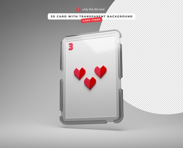 Icono 3d con fondo transparente tres de la tarjeta de corazones a la izquierda