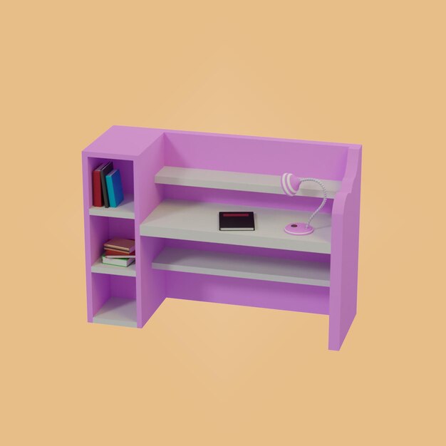 Icono 3D en forma de mesa de estudio con libros y una lámpara en ella