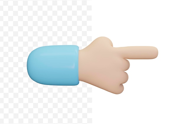 Icono 3D gesto de señalar con la mano con estilo de dibujos animados y colores pastel El dedo índice apunta hacia la derecha