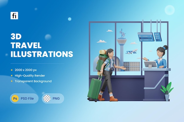 PSD icono 3d ilustración aeropuerto inmigración personalizada