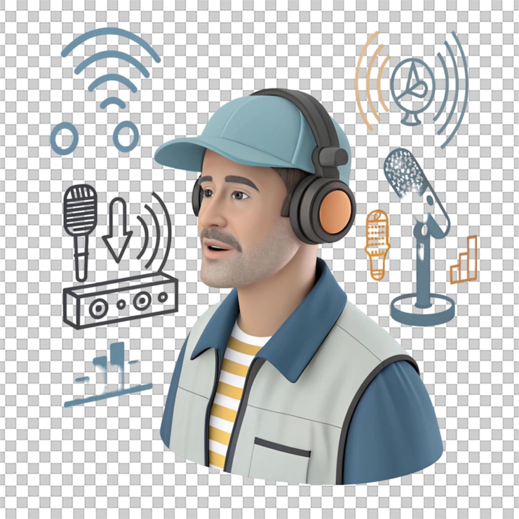 PSD icono 3d de ingeniero de audio con diseño técnico aislado en fondo blanco para visuales relacionados con el sonido