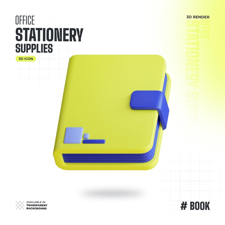 PSD icono 3d de libro de oficina amarillo con detalles azules aislado sobre fondo blanco