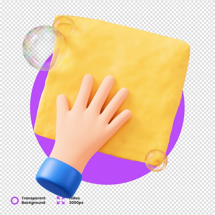 PSD icono 3d de limpieza de manos con tela amarilla y burbujas