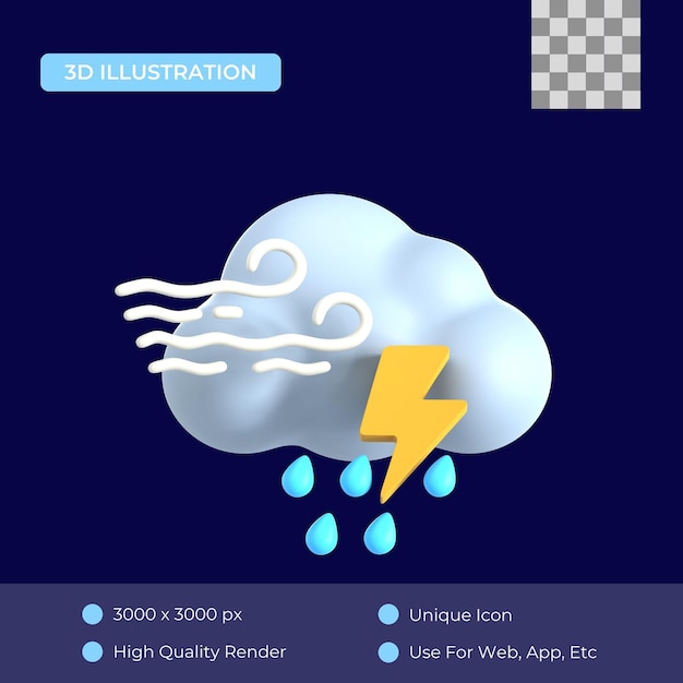 PSD icono 3d de llovizna de relámpagos ventosos
