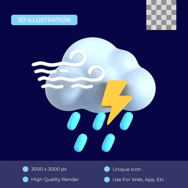 Icono 3d de lluvia de relámpagos ventosos