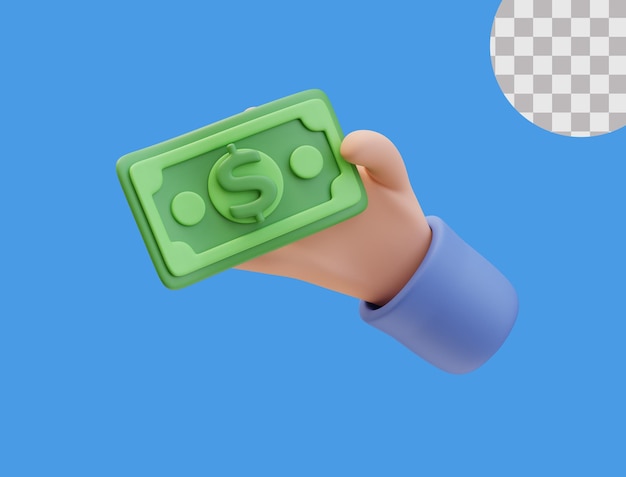 Icono 3D de la mano que sostiene dinero verde billete de dólar signo de dinero concepto de finanzas diseño de ilustración 3D
