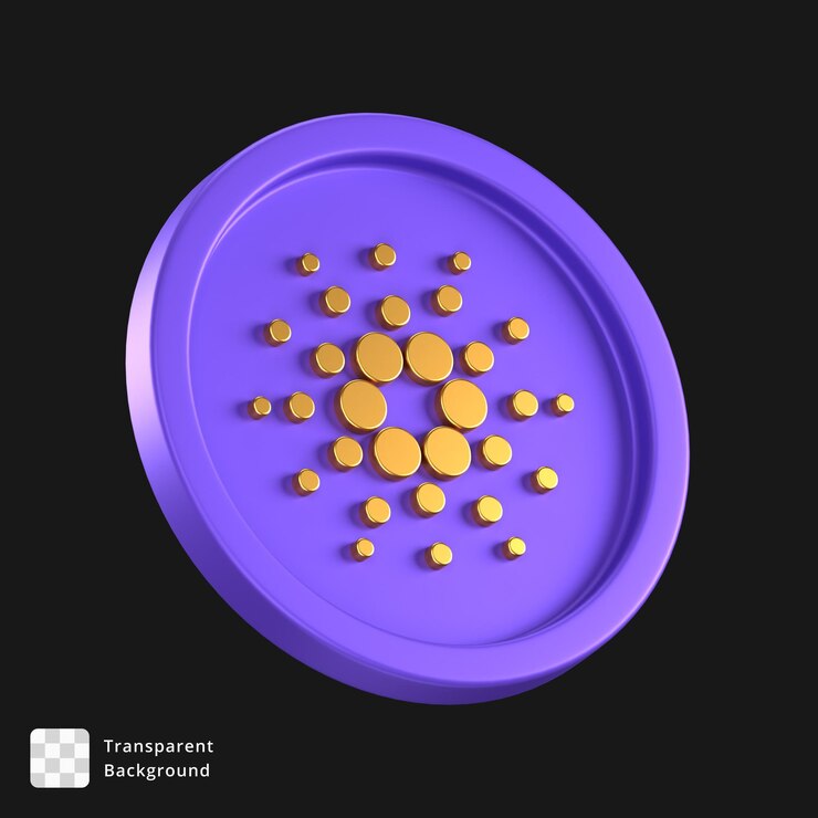 PSD icono 3d de una moneda púrpura con el logotipo de cardano dorado en el centro