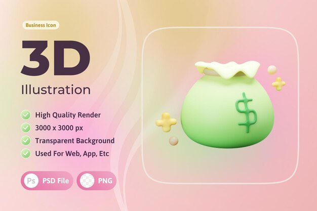 Icono 3D de negocios y finanzas, bolsa de dinero, utilizado para web, aplicación, etc.