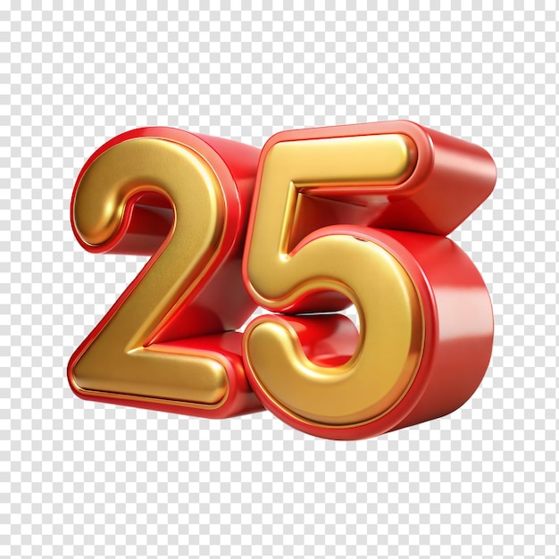 Icono 3D en negrita rojo y dorado número 25 con acabado brillante