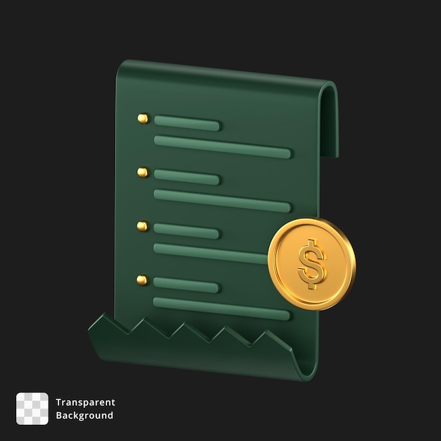 Icono 3d de un papel de recibo verde con una moneda de oro en el costado