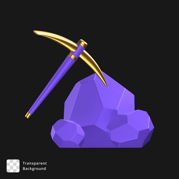 Icono 3D de un pedazo de roca púrpura y un pico que lo extrae