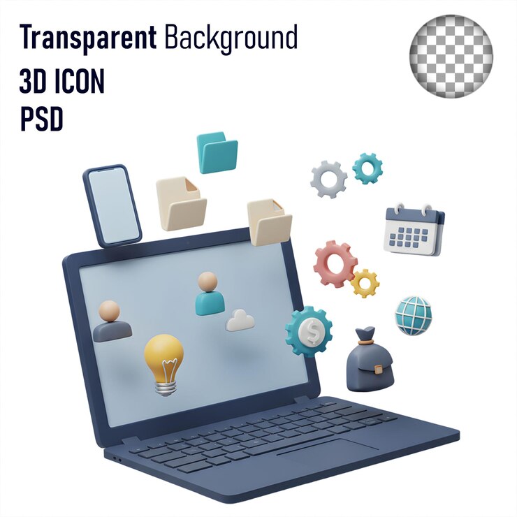 PSD icono 3d de portátil con elementos comerciales y tecnológicos