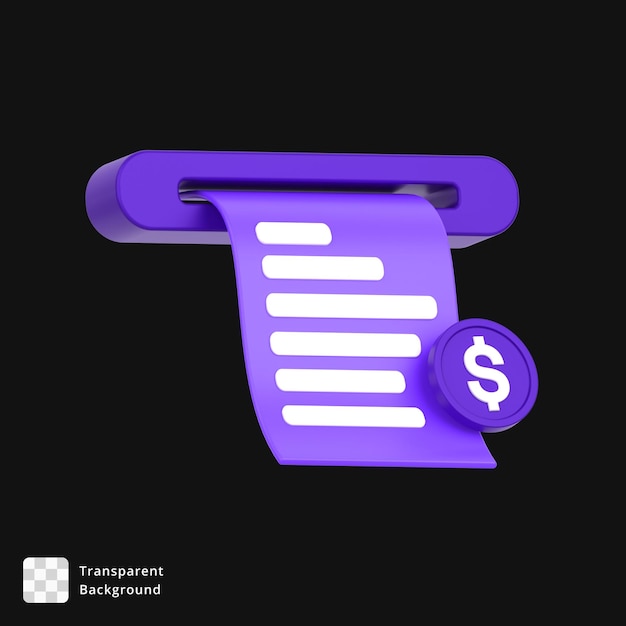 Icono 3D de un recibo de pago con una moneda de un dólar