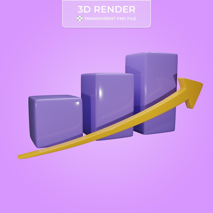 PSD icono 3d de representación de la barra de gráfico con flecha amarilla