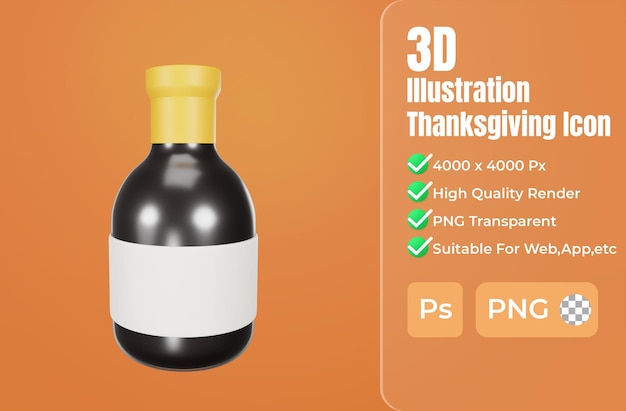 icono de acción de gracias de botella de vino de renderizado 3d