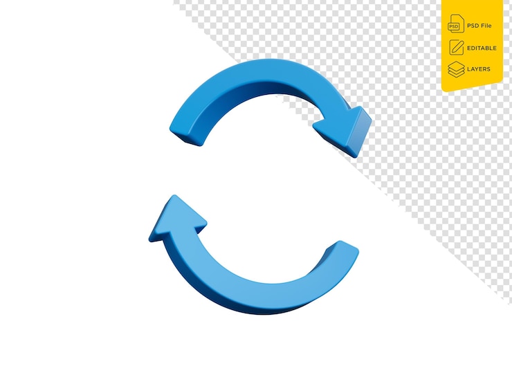 PSD icono de actualización azul 3d símbolo de icono de recarga flechas de rotación 3d sobre fondo blanco ilustración 3d
