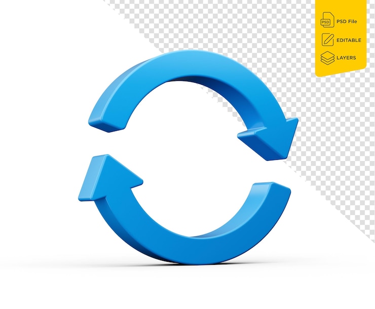 PSD icono de actualización azul 3d símbolo de icono de recarga flechas de rotación 3d sobre fondo blanco ilustración 3d