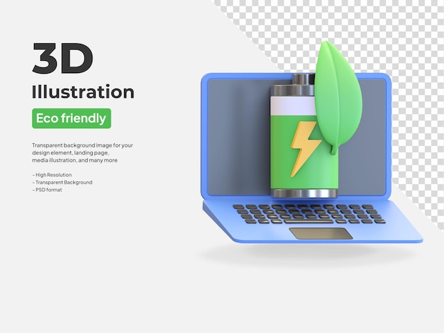 Icono de ahorro de energía portátil con símbolo de energía ecológica de hoja verde ilustración de procesamiento 3d
