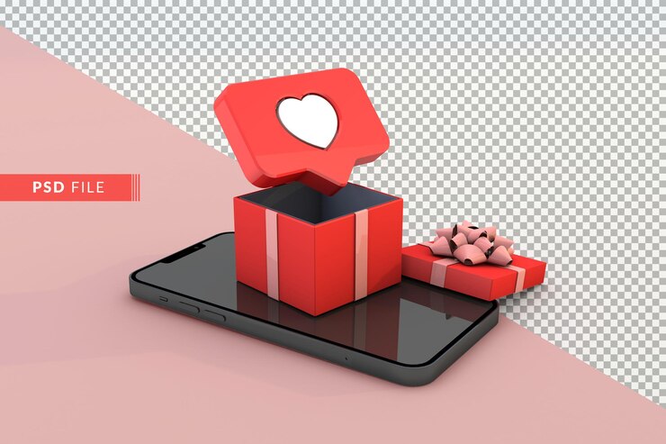 PSD icono de amor que sale de una caja de regalo como notificación de teléfono inteligente
