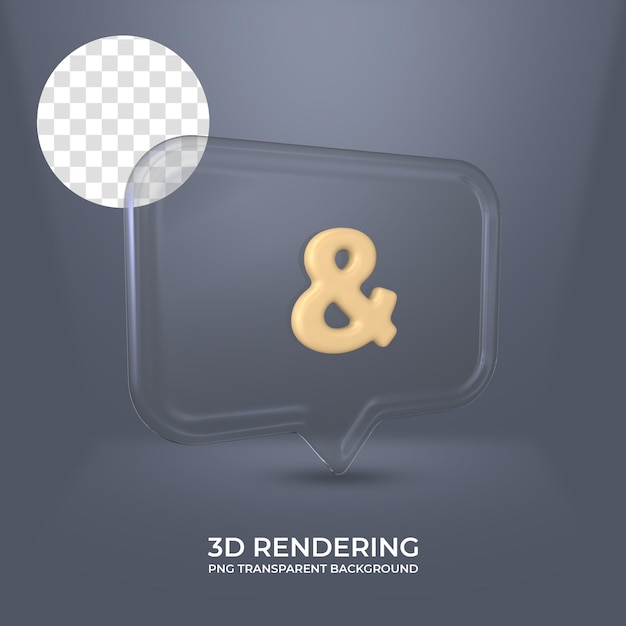 Icono de ampersand con renderizado 3d de marco de vidrio