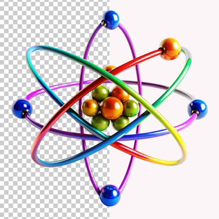 PSD icono de átomo 3d un icono de átomo colorido que representa la física en un fondo transparente