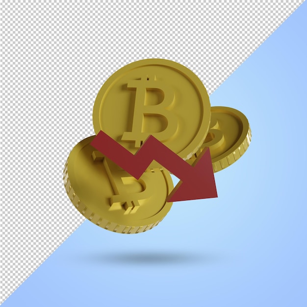 icono de bitcoin BTC con concepto de valor de precio de flecha hacia abajo cayendo archivo PSD de renderizado 3d