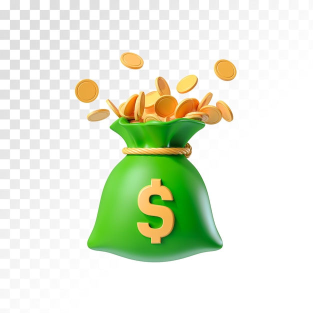 Icono de bolsa de dinero Bolsa de dinero verde completa con icono de dólar y monedas voladoras 3d render