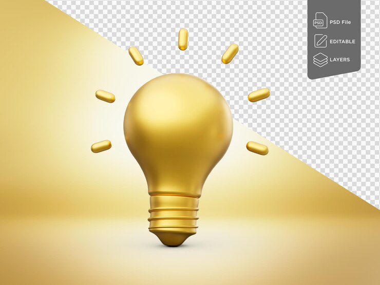 PSD el icono de la bombilla dorada brillante es una idea de concepto creativo sobre un fondo dorado ilustración 3d