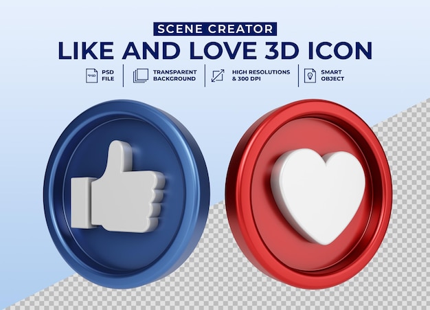 PSD icono de botón 3d minimalista de me gusta y amor de redes sociales para creador de escenas