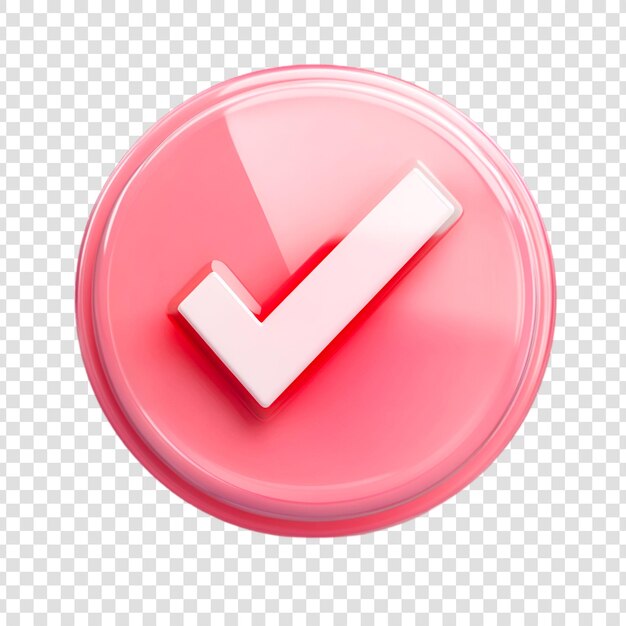 Icono de botón de marca de comprobación de coral renderizado en 3D en un fondo transparente