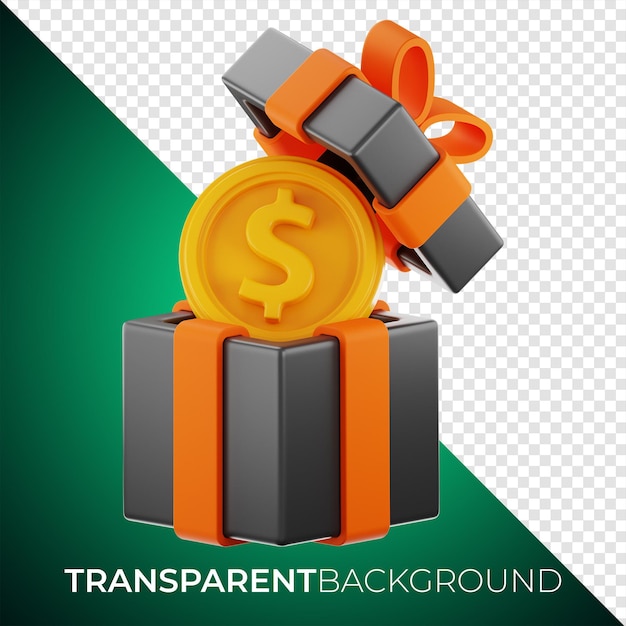 Icono de caja de regalo de moneda de dólar de finanzas premium Representación 3d sobre fondo aislado PNG