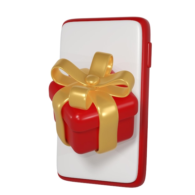 Icono de caja de regalo de Navidad roja en 3D con arco de cinta dorada y teléfono inteligente Icono de vacaciones moderno