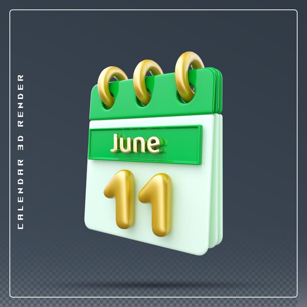 Icono del calendario del 11 de junio render 3d