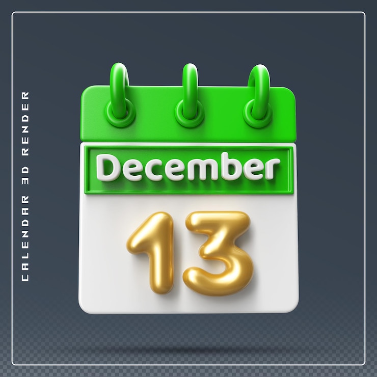 PSD icono del calendario del 13 de diciembre renderizado 3d