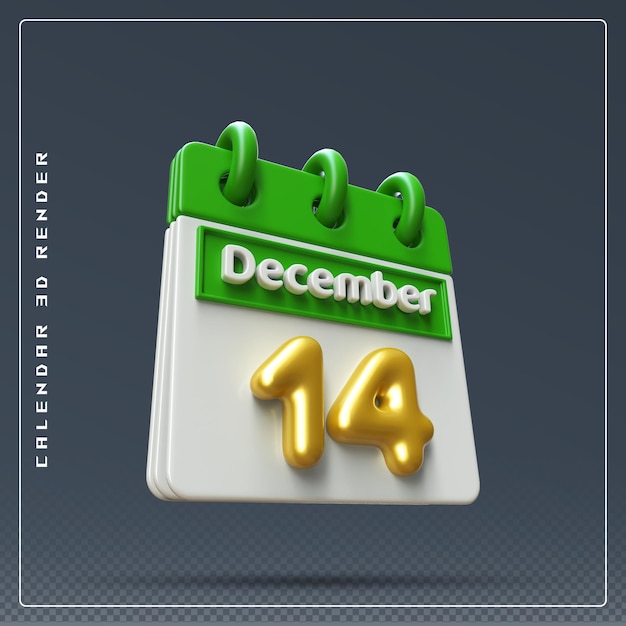 Icono del calendario del 14 de diciembre Renderizado 3D