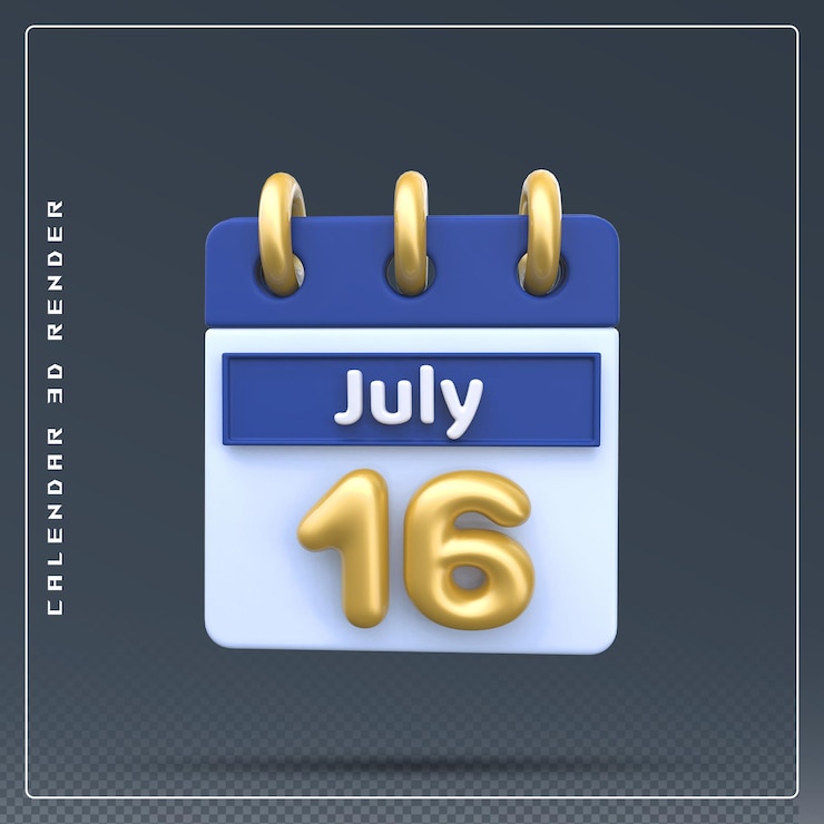 PSD icono del calendario del 16 de julio renderizado 3d