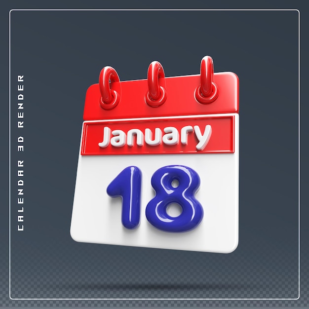 PSD icono del calendario del 18 de enero renderizado 3d