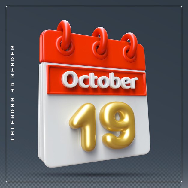 PSD icono del calendario del 19 de octubre renderizado 3d