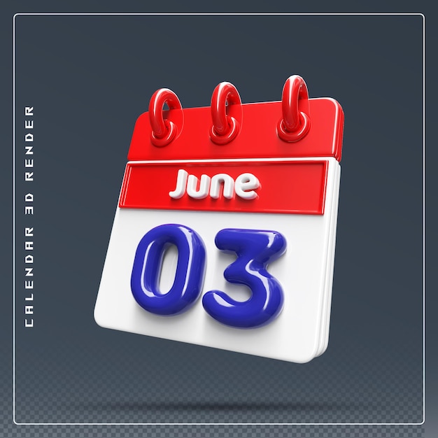 Icono del calendario del 3 de junio render 3d