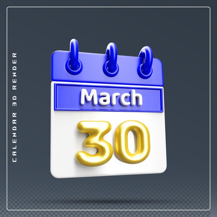 PSD icono del calendario del 30 de marzo renderizado 3d