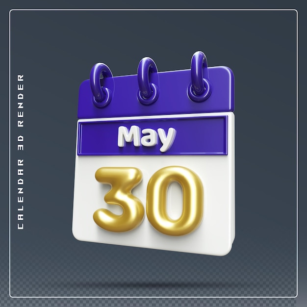 PSD icono del calendario del 30 de mayo renderizado 3d