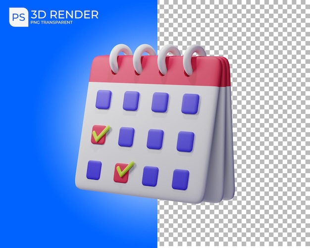 Icono de calendario 3d render fondo transparente