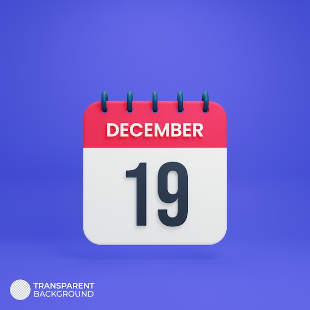 Icono de calendario realista de diciembre fecha renderizada en 3d 19 de diciembre