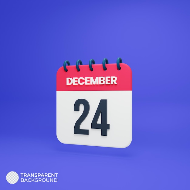 Icono de calendario realista de diciembre Fecha renderizada en 3D 24 de diciembre